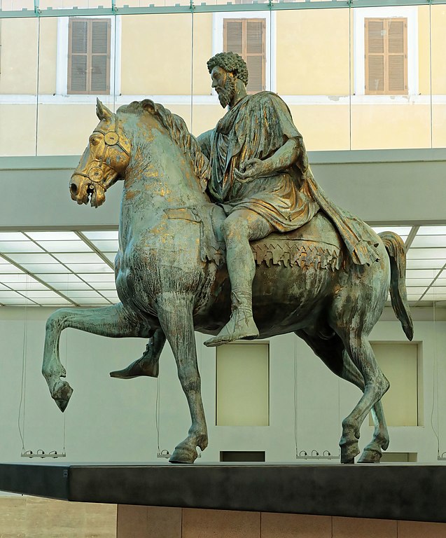Equestrian Statue of Marcus Aurelius, an ancient Roman equestrian statue on Capitoline Hill, made of bronze stands 4.24 m (13.9 ft) tall.